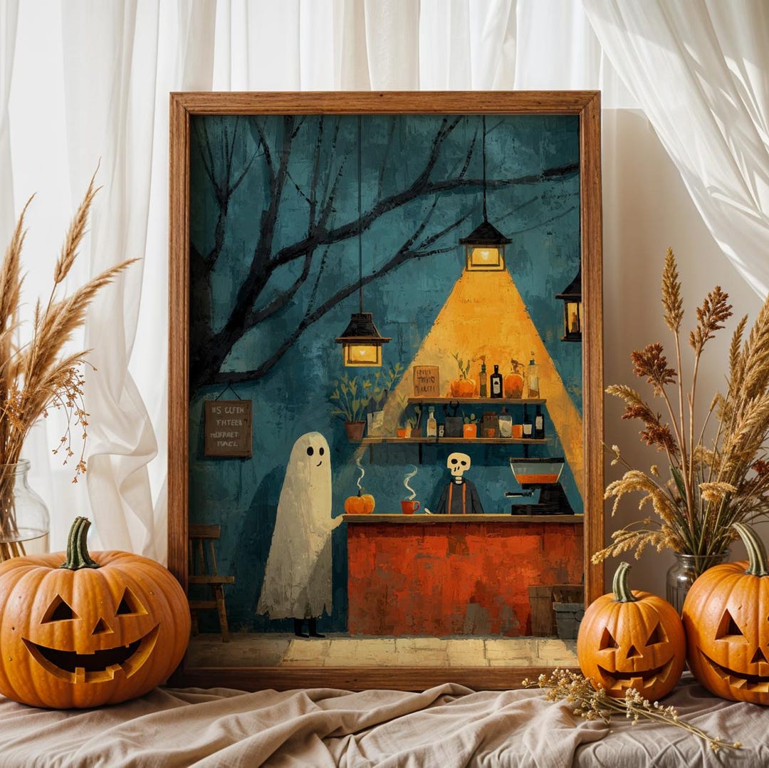 Vintage Poster, Halloween Wall Art Print – Haunted Café Scene With ...