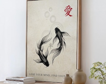 Japanese Koi Fish Wall Art, Black Koi Print, Vintage Poster, Trendy Aesthetic Wall Decor, ART327