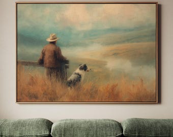 Western Man with Dog Wall Art Print, Montana Country Painting, Vintage Cowboy Style Decor, ART208