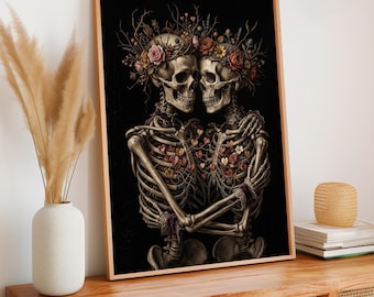Romantic Skeleton Floral Art Print, Gothic Home Decor, Unique Couple Wall Art, Skull Aesthetic Poster, ART332
