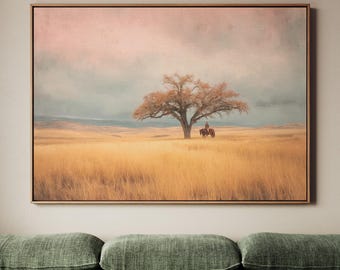 Western Tree Wall Art Print, Vintage Montana Oil Painting, Country Landscape Decor, Sunset Poster, ART208