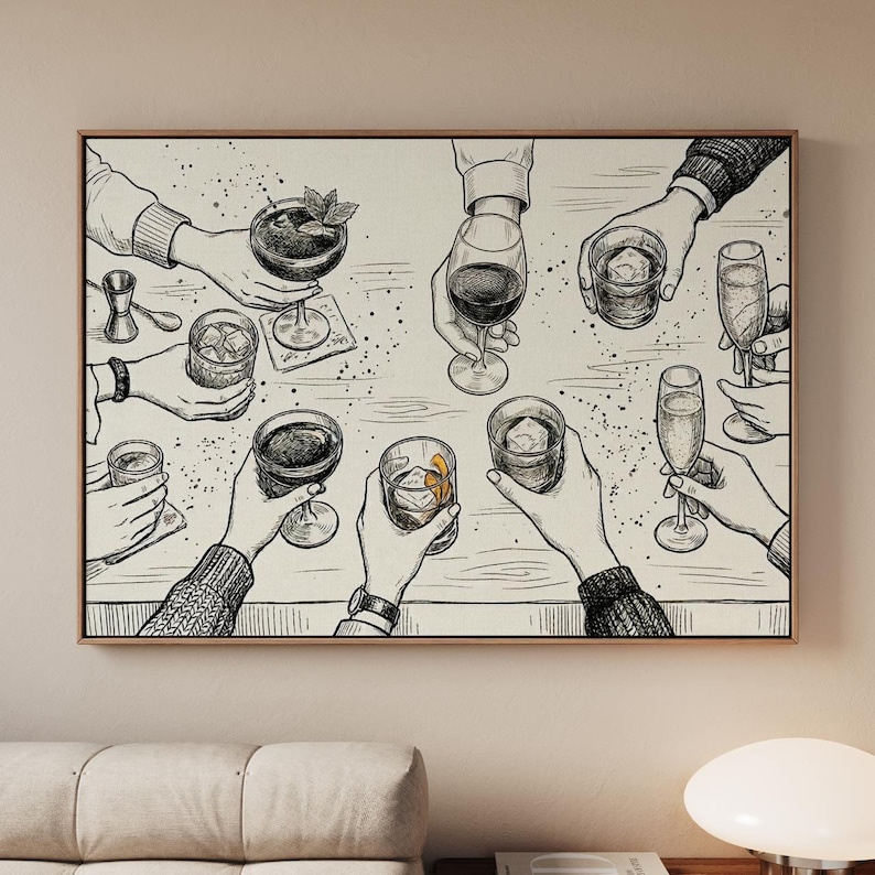 May include: Black and white illustration of a gathering with various cocktails and drinks. Hands holding glasses of wine, champagne, and mixed drinks are depicted. The artwork is framed in a wooden border, creating a classic and elegant aesthetic.