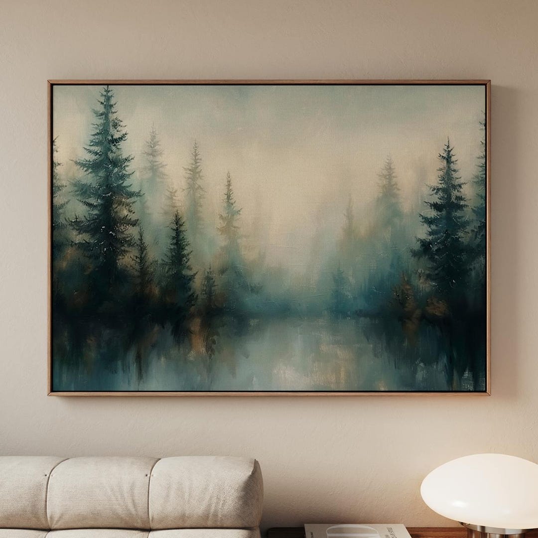 Large Framed Misty Pine Tree Forest Wall Art Print, Moody Green ...