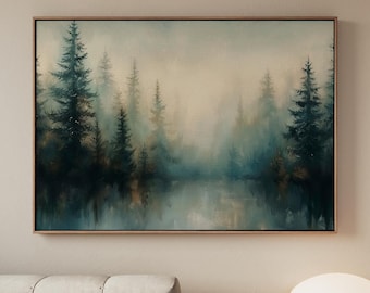 Large Framed Misty Pine Tree Forest Wall Art Print, Moody Green Woodland Landscape Canvas Decor, Minimalist Scandinavian Nature