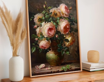 Vintage Pink Peonies Floral Print, Moody Flower Painting, Large Canvas Wall Art, Art Decor, ART267
