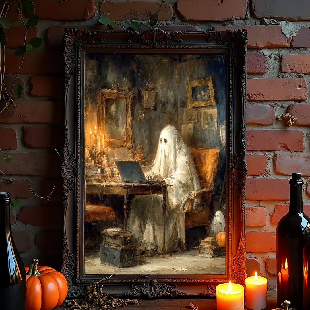 Vintage Poster, Halloween Wall Art Print – Haunted Ghost Working on ...