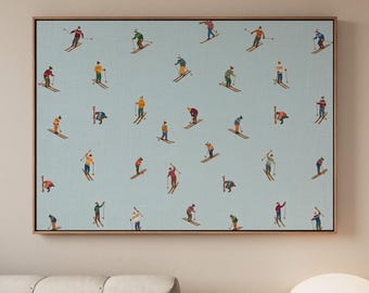 Framed Sports Wall Art, Skiers on Blue Backdrop, Abstract Vintage Print, Modern Home Decor, ART163
