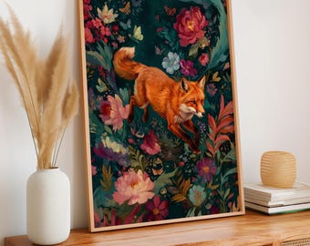Floral Fox Wall Art, Fantasy Creature Print, Whimsical Fox in Flowers, Colorful Fairytale Illustration, Magical Nursery Decor,ART140