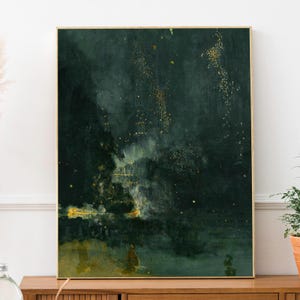Pode incluir: Impressão de arte abstrata emoldurada em dourado. A obra apresenta uma paleta de cores verde escuro e preto com detalhes dourados, criando uma cena sombria e atmosférica. A pintura evoca uma sensação de profundidade e mistério, adequada para decoração de interiores.