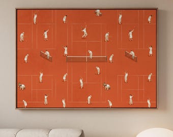 Framed Canvas Wall Art, Tennis Players on Red Background, Abstract Sports Print, Modern Office Decor, ART163