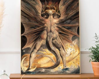 May include: A framed print of a mythological figure with large wings, a muscular physique, and a demonic appearance. The artwork features a dark color palette with shades of brown, gray, and gold, and depicts a scene with a crescent moon and a figure in a golden glow.