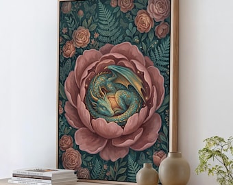 Floral Dragon Wall Art, Fantasy Creature Print, Whimsical Dragon in Flowers, Colorful Fairytale Illustration, Magical Nursery Decor,ART140