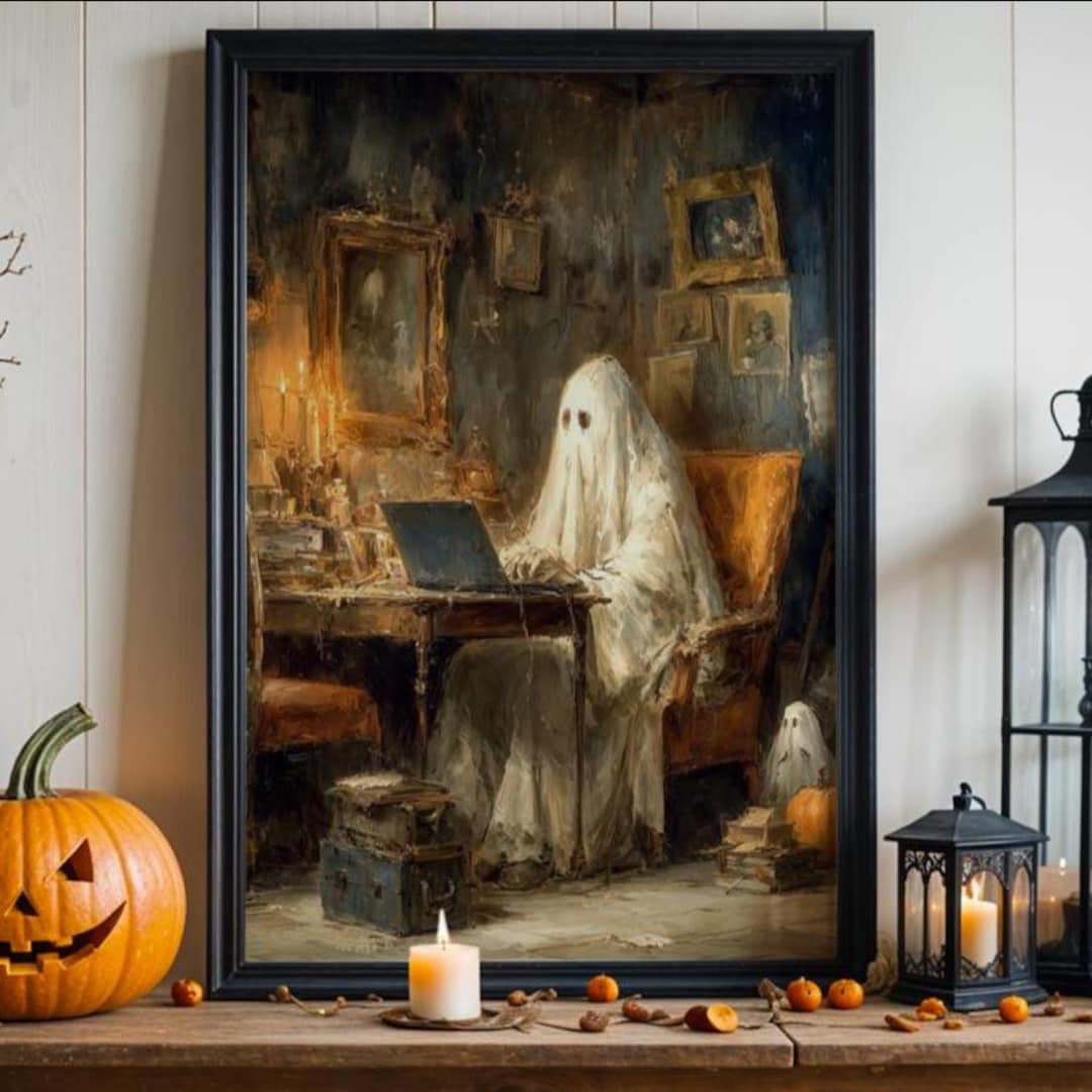 Vintage Poster, Halloween Wall Art Print – Haunted Ghost Working on ...