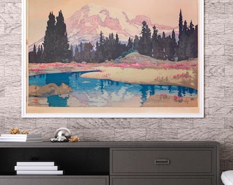 Mt. Rainier by Hiroshi Yoshida – Japanese Woodblock Print, Landscape Art, Mountain Scenery, Fine Art Print, Wall Decor, Canvas Reproduction