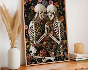 Skeleton and Floral Art Print, Romantic Gothic Poster, Unique Couple Wall Decor, Dark Aesthetic Home Art, ART332