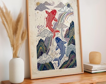 Japanese Fish Art Print, Vintage Ukiyo-e Ocean Poster, Japanese Wall Decor, Swimming Fish Illustration, Unframed Retro Print, ART250