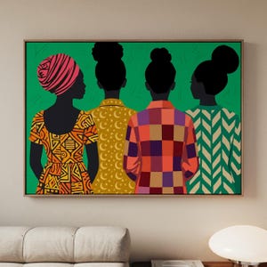 May include: A rectangular wall art print featuring four figures seen from behind against a solid green background. The figures wear patterned tops: one with orange geometric shapes, one with yellow moons and stars, one with a multicolored checkered pattern, and one with a green chevron design.