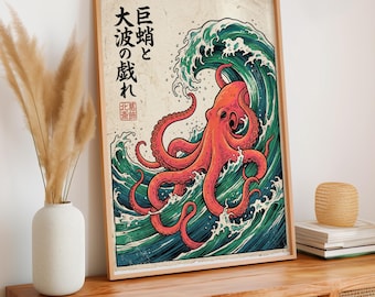 Japanese Wall Decor Octopus Print, Vintage Ukiyo-e Poster, Sea Monster Illustration, Retro Unframed Art, ART250