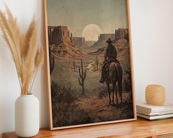 Vintage Cowboy Wall Art, Western Ranch Print, Antique Desert Painting, Muted Country Decor, ART452