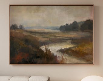 Large Framed Abstract Landscape Art, Vintage Cotton Canvas Print, Elegant Gold Frame Decor, ART169
