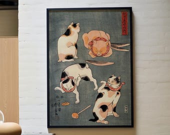 Four Cats in Different Poses by Kuniyoshi Utagawa – Japanese Ukiyo-e Print, Woodblock Art, Giclee Canvas, Gallery Wrapped, Asian Wall Decor