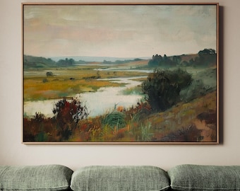 Vintage Abstract Landscape Wall Art, Large Framed Cotton Canvas Print, Modern Gold Frame Decor, ART169