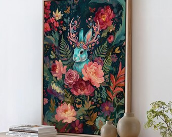 Floral Rabbit Wall Art, Fantasy Creature Print, Whimsical Rabbit in Flowers, Colorful Fairytale Illustration, Magical Nursery Decor,ART140
