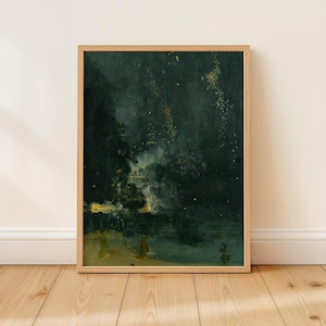 May include: Abstract art print in a wooden frame. The artwork features a dark green and gold color palette with brushstrokes and a textured appearance. The composition evokes a sense of depth and mystery, with hints of light and shadow.