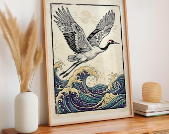 Japanese Stork Art Print, Vintage Ukiyo-e Water Scene Poster, Japanese Wall Decor, Flying Bird Illustration, Unframed Retro Print, ART250