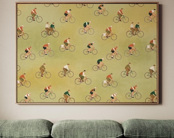 Bicycle Riders Art Print, Framed Canvas Wall Decor, Green Background, Stylish Athletic Decor, ART163
