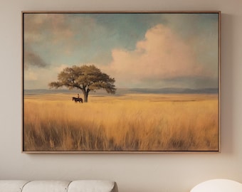 Western Tree Oil Painting Art Print, Montana Wall Art, Vintage Country Landscape Poster, Sunset Decor, ART208