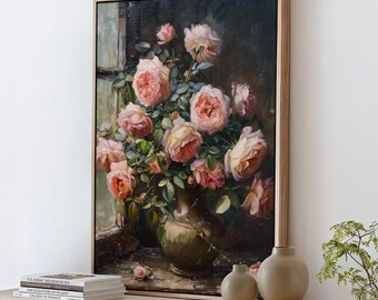 Moody Pink Peonies Painting Print, Vintage Floral Wall Art, Large Canvas Giclée Art Print, ART267