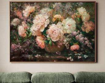 Vintage Botanical Wall Art, Framed Floral Canvas Print, Soft Elegant Cottagecore Decor, ART195