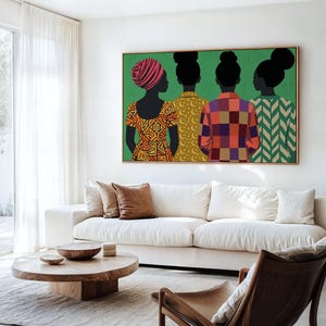 May include: A rectangular wall art print featuring four figures seen from behind against a solid green background. The figures wear patterned tops in orange, yellow, red, and green, with distinct hairstyles including a headwrap and buns.
