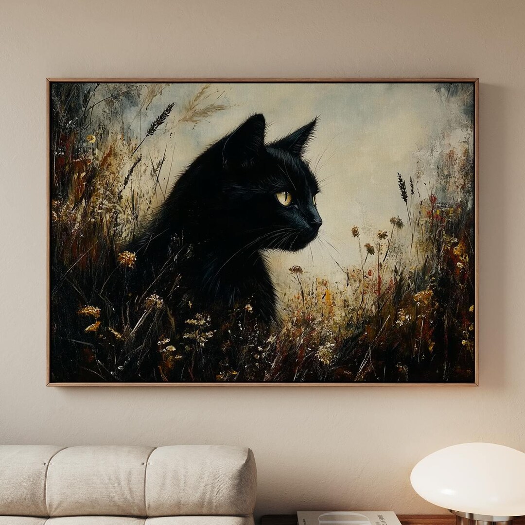 Black Cat in Wildflowers Poster Print, Vintage Moody Wall Decor, Dark ...