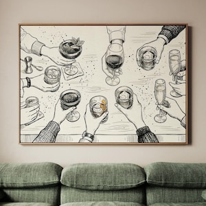 May include: Monochrome illustration of a gathering, featuring hands holding various cocktails and drinks. The artwork includes glasses of wine, champagne, and mixed drinks with garnishes. The image is framed in a wooden border, suggesting a print or canvas.