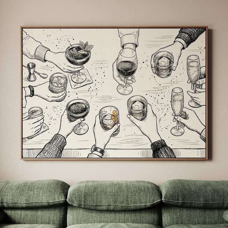 May include: Monochrome illustration of a gathering, featuring hands holding various cocktails and drinks. The artwork includes glasses of wine, champagne, and mixed drinks with garnishes. The image is framed in a wooden border, suggesting a print or canvas.