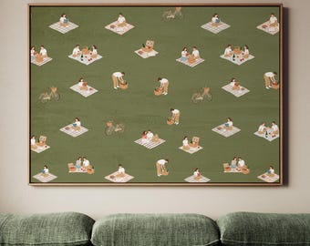 Picnic People Wall Art, Framed Canvas Print, Green Background Illustration, Contemporary Home Decor, ART163