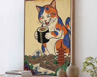 Japanese Cat Art Print, Vintage Ukiyo-e City Poster, Japanese Wall Decor, Sushi Cat Illustration, Unframed Retro Print, ART250