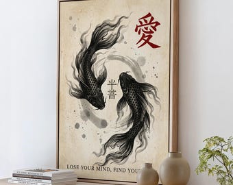 Black Koi Fish Wall Art Print, Japanese Vintage Poster, Aesthetic Trendy Home Decor, Japanese Print Gift Idea, ART327