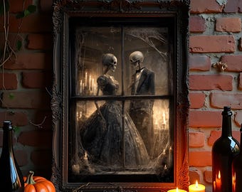 May include: A rectangular dark ornate frame containing an image of two skeletons, one in a dark gown and one in a suit, standing behind a window pane covered in cobwebs. The scene is illuminated by warm candlelight, creating a moody atmosphere.