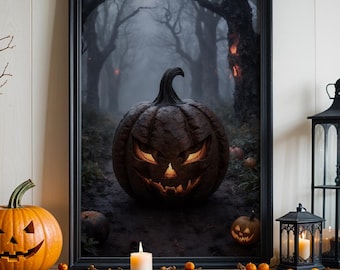 Jack o'-lantern pumpkin painting - photo of carved pumpkin on black background. Creepy.
