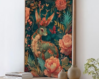 Floral Deer Wall Art, Fantasy Creature Print, Whimsical Deer in Flowers, Colorful Fairytale Illustration, Magical Nursery Decor, ART140