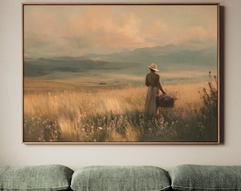 Western Woman with Basket Wall Art Print, Vintage Country Painting, Montana Landscape Decor, ART208