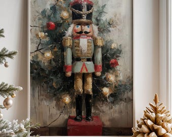 Cuadro de pared del Cascanueces navideño, lámina navideña vintage, póster festivo clásico, decoración acogedora para el hogar en invierno.