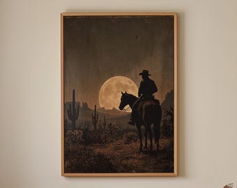 Vintage Western Wall Art, Cowboy Desert Painting, Rustic Country Print, Muted Southwestern Home Decor, ART452