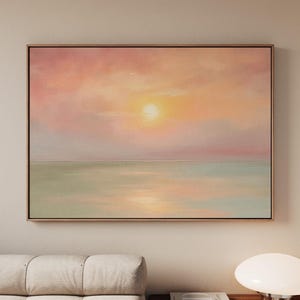 Art mural paysage marin coucher de soleil pastel, impression d'affiche paysage côtier encadré, décoration océan orange rose pâle, ART311