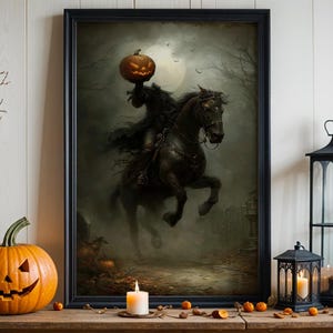 Headless Horseman Halloween Print, Pumpkin in Hand Riding Through Autumn Forest Poster, Dark Fantasy Gift