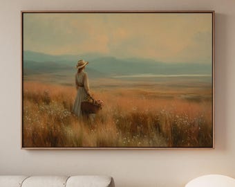 Western Woman with Basket Art Print, Vintage Country Wall Art, Montana Oil Painting, Rustic Decor, ART208