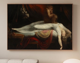 May include: A framed oil painting depicting a figure in a white gown lying across a bed with an arm hanging down. A dark, shadowy creature sits atop the figure, while a horse head emerges from the deep red and black background shadows.